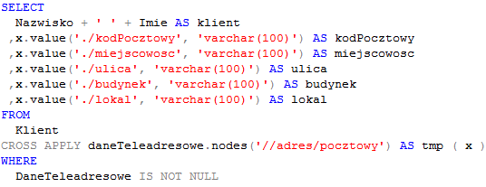 Metody typu danych XML nodes() Problem: potrzebna jest lista klientów i ich adresów pocztowych (w formie zwykłego zbioru rekordów) CROSS APPLY oraz nodes() powodują dodanie do każdego rekordu