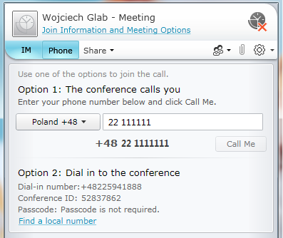 Dołączanie głosu do spotkania online Poniższa instrukcja pokazuje jak za pomocą swojego telefonu dołączyć obsługę głosu do spotkania online i uczestniczyć w połączeniu telekonferencyjnym.