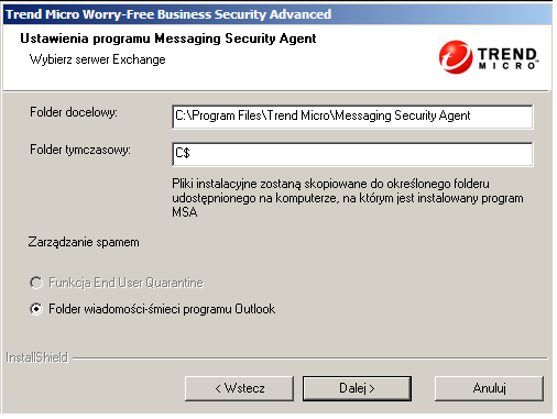 Instalowanie programu Security Server Hasło Uwaga: Program instalacyjny może nie przesłać hasła zawierającego znaki specjalne (niealfanumeryczne) do komputera z zainstalowanym serwerem Exchange.