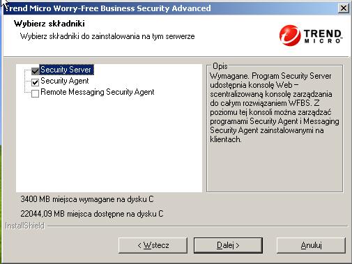 Instalowanie programu Security Server 11. Kliknij przycisk Dalej. Zostanie wyświetlony ekran Wybór składników. RYSUNEK 3-5. Ekran Wybór składników 12.
