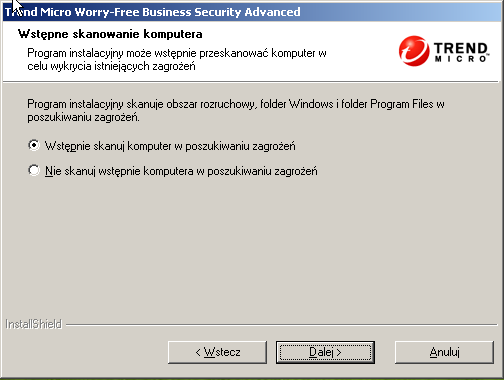 Instalowanie programu Security Server 2. Kliknij przycisk Dalej. Zostanie wyświetlony ekran Wstępne skanowanie komputera. RYSUNEK 3-7. Ekran wstępnego skanowania komputera 3.