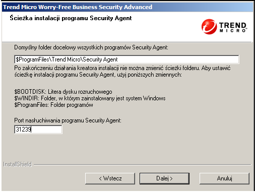 Podręcznik instalacji programu Trend Micro Worry-Free Business Security 7.0 SP1 2. Kliknij przycisk Dalej. Zostanie wyświetlony ekran Ścieżka instalacji programu Security Agent. RYSUNEK 3-15.