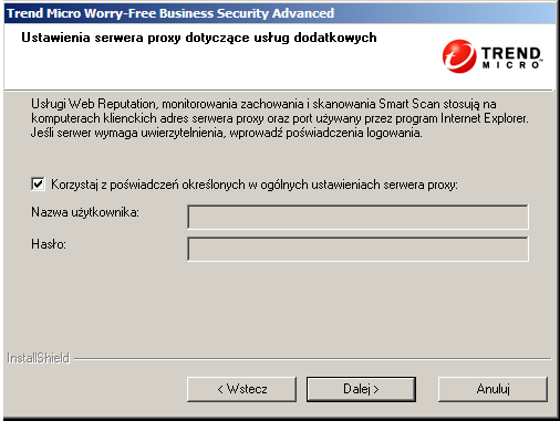 Instalowanie programu Security Server 6. Kliknij przycisk Dalej. Wyświetlany jest ekran Ustawienia serwera proxy dotyczące usług dodatkowych. RYSUNEK 3-17.