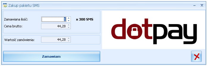 W menu CRM w sekcji w sekcji SMS jest dostępny przycisk umożliwiający zakup pakietów SMS:. Rys. 79. Zakup pakietu SMS Zamawiana ilość należy podać, ilość pakietów sms jaką Użytkownik chce zamówić.