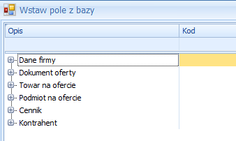 Pola z bazy Przygotowując szablon oferty handlowej oprócz stałych tekstów jest możliwość wstawienia pól z bazy danych.