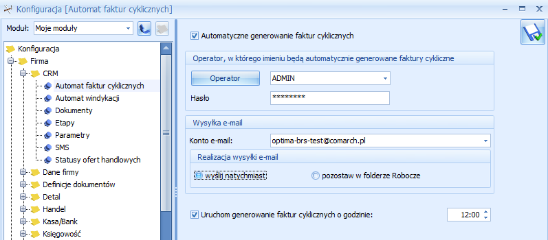- jeśli w ramach automatycznego generowania faktury cyklicznych mają być równocześnie wysyłane faktury do klientów, należy wybrać konto e-mail, z którego będą wysyłane (z pośród zdefiniowanych