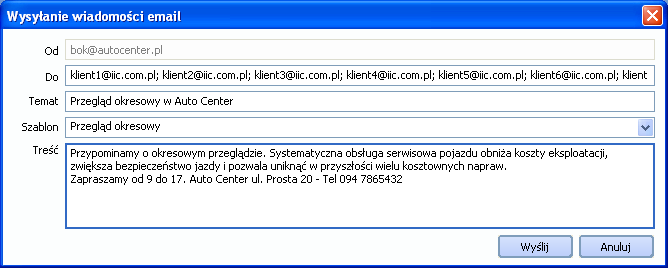 Rys. 6-3 Przykładowa wiadomość E-mail do klientów serwisu W podobny sposób moŝna wysyłać wiadomości E-mail i SMS z innych miejsc programu, tj.