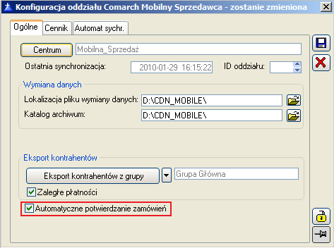 Rysunek 129 Parametr: Automatyczne potwierdzanie zamówień na oknie Konfiguracji oddziału Comarch Mobilny Sprzedawca.