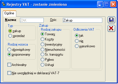 3.2. Filtry predefiniowane rejestru VAT Rysunek 145. Definicja rejestru VAT. Na liście rejestrów sprzedaży oraz rejestrów zakupu w grupie Rodzaj zakupu dodano parametry: Usługi r.o. (Usługi rozlicza odbiorca) oraz T+K+P+U+U r.