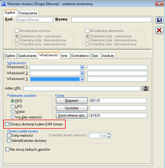 Rysunek 151 Parametr: Oznacz dostawę kodem EAN towaru Parametr: Oznacz dostawę kodem EAN dostawy został wprowadzony również dla wzorca towaru.