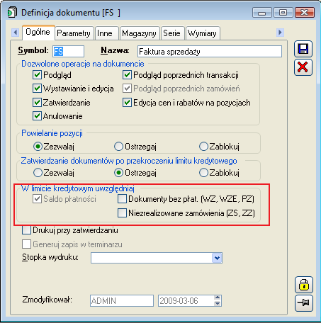 Rysunek 55 Definicja dokumentu, zakładka: Ogólne. 14.2. Kontrola przekroczenia limitu na dokumentach WM Dodano kontrolę wartości limitu kredytowego na dokumentach WM.
