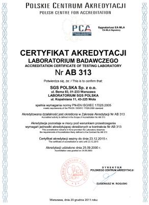 AKREDYTACJE PCA POSIADANE PRZEZ SGS Certyfikat Akredytacji Laboratorium Badawczego nr AB 313 wydany przez Polskie Centrum