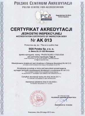 AKREDYTACJE PCA POSIADANE PRZEZ SGS Certyfikat Akredytacji Jednostki Inspekcyjnej nr AK 013: Zakres Akredytacji Jednostki Inspekcyjnej Typu A,