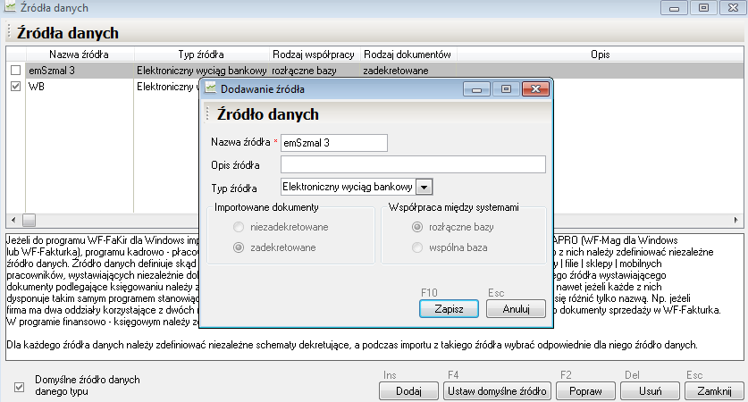 Konfiguracja WF-FaKir Zdefiniuj nowe źródło importu Elektronicznych wyciągów