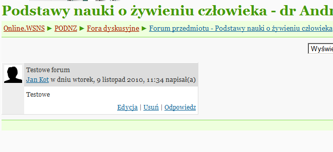 Rys. 10 Forum przedmiotu odpowiedź na post. admin@wsns.