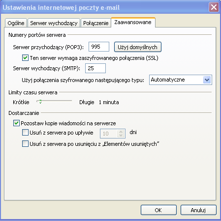 Przejdź do Zakładki Zaawansowane i ustaw: o Serwer przychodzący (POP3): 995 o Ten serwer łamaga zaszyfrowanego połączenia (SSL): Zaznaczone o Serwer wychodzący (SMTP): 5 lub 465 o Użyj połączenia