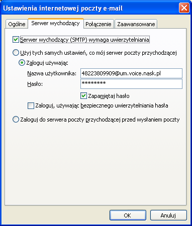 Wciśnij przycisk Więcej ustawień : o W zakładce Serwer wychodzący wybierz: Serwer wychodzący (SMTP) wymaga uwierzytelniania Zaznaczone Nazwa