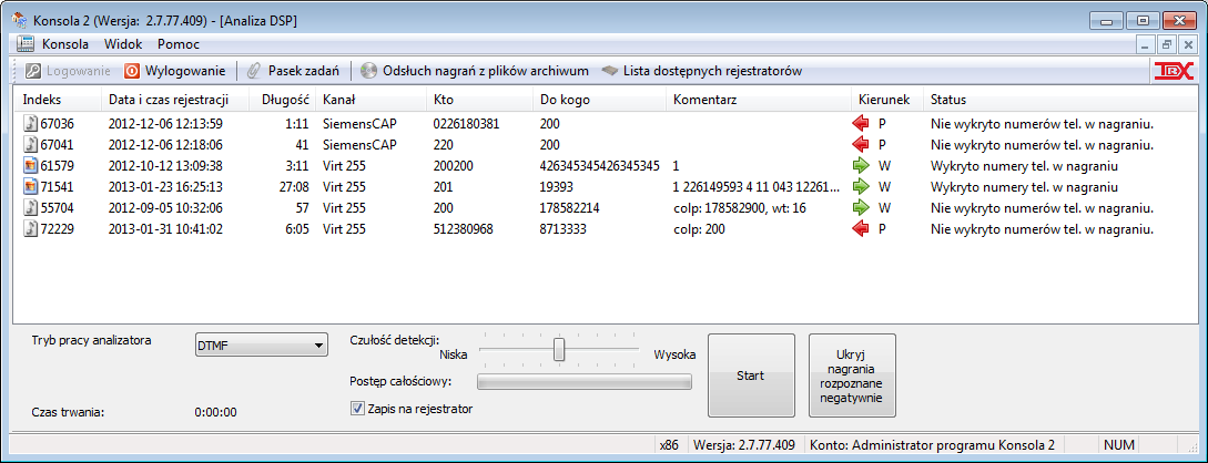 Rozdział 4: Opis funkcji programu 4.13.8 Analiza DSP Program Konsola 2 pozwala na analizę informacji przesyłanej tonowo w wybranych nagraniach.