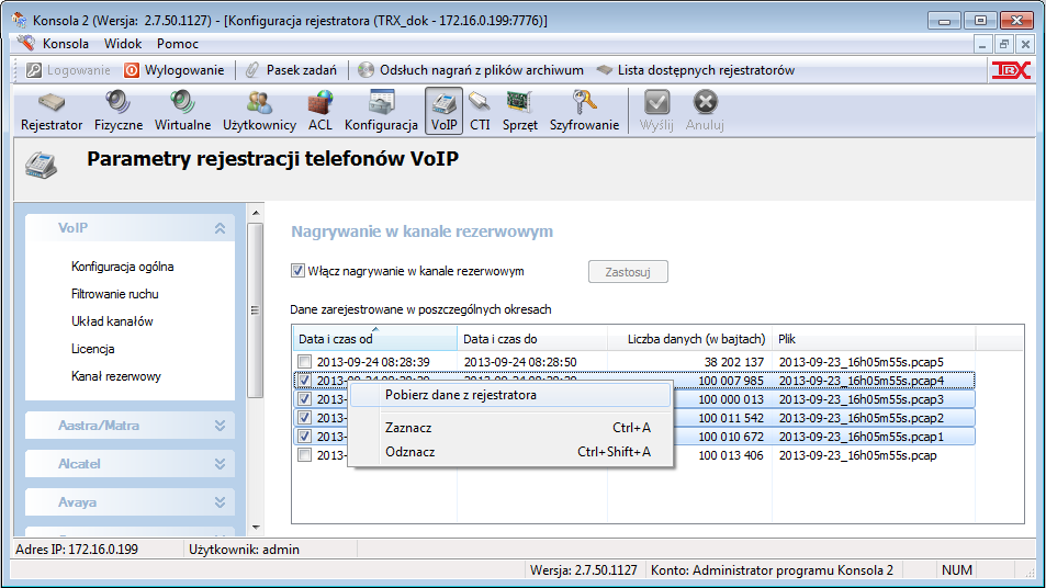 Konsola 2 Podręcznik użytkownika Modyfikacja liczby licencji nagrywania rozmów w technologii VoIP odbywa się w trzech etapach: - pobranie kopii bieżącego pliku licencji (*.