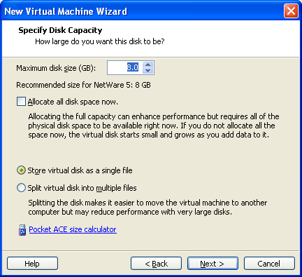 14. Specify Disk Capacity wybieramy IDE (Recommended) Allocate all disk space now gdybyśmy to zaznaczyli to wtedy zostaje