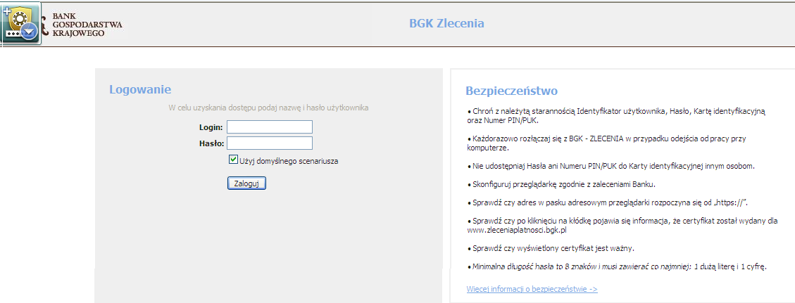 I. Informacje ogólne o portalu 1. Logowanie i główne menu. Aby zalogować się do portalu BGK-ZLECENIA należy w przeglądarkę internetową wpisać adres strony https://www.zleceniaplatnosci.bgk.