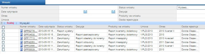 Poniżej części informacyjnej znajdują się: a) Obszar parametrów wyszukiwania dla puli Moje wnioski (Rys. 4) i Wnioski (Rys.
