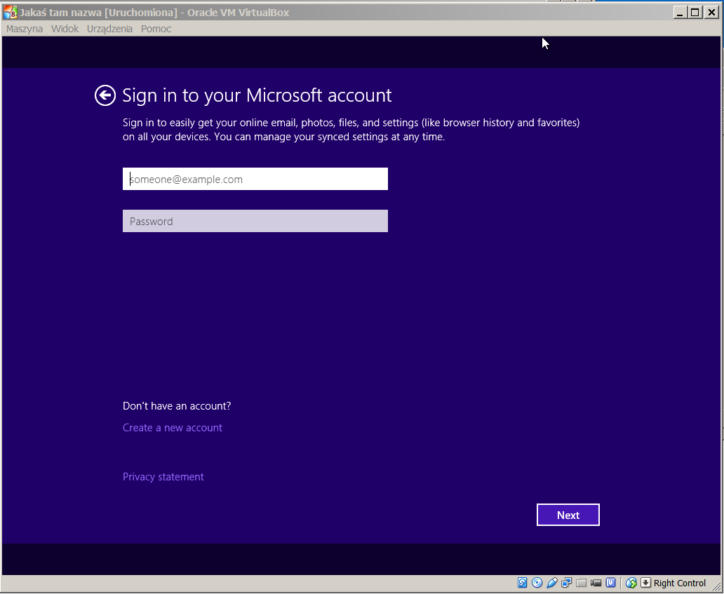 Stety lub niestety chyba trzeba założyć konto w Microsofcie (chociaż może się da bez konta nie sprawdzałem :) Czyli Create a new account. Jeśli ktoś juz ma konto, to można użyć swojego.