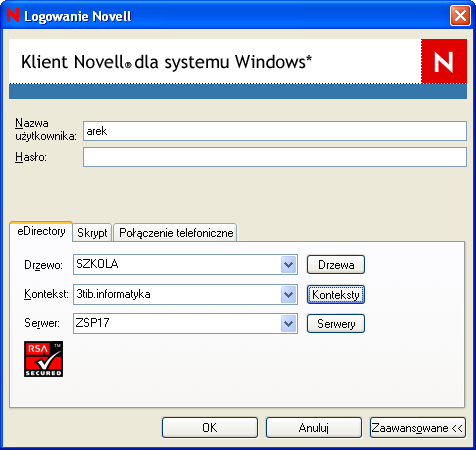 - Logujemy się na konto admin hasło qwerty wybierając Drzewo: SZKOLA, Kontekst: informatyka, Serwer: ZSP7. (MoŜemy to wcześniej sprawdzić zaznaczając Drzewa, Konteksty i Serwery) 2.