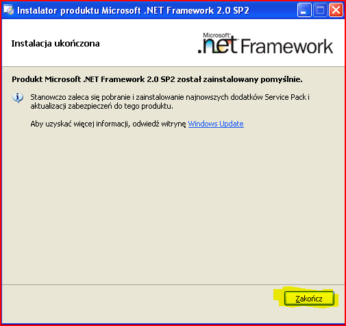 Komunikat informujący o pomyślny zainstalowaniu.net Framework. Po zakooczeniu instalacji.net Framework, ponownie uruchamiamy wcześniej pobrany plik instalatora SQL Express 2005 SP3 (SQLEXPR3.