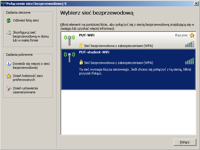 2.4. Konfiguracja suplikanta sieci bezprzewodowej (Windows XP z zainstalowanym Service Pack 2) Objaśnienie: Dzial Sieci Teleinformatycznych 12 Dostęp bezprzewodowy do USK PP wersja 2009100202