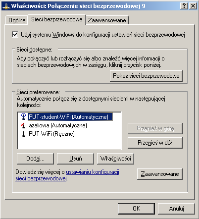 Dzial Sieci Teleinformatycznych 14 Dostęp bezprzewodowy do USK PP wersja 2009100202 Krok. 3. Wybieramy tę zakładkę. Krok. 1. Zaznaczamy tę opcję. Krok. 2. Zaznaczamy tę opcję. Politechnika Poznańska Instrukcje Rysunek 19.