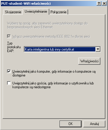 Dzial Sieci Teleinformatycznych 15 Dostęp bezprzewodowy do USK PP wersja 2009100202 Wybieramy tę zakładkę. Rysunek 21. Konfiguracja suplikanta sieci bezprzewodowej (6).