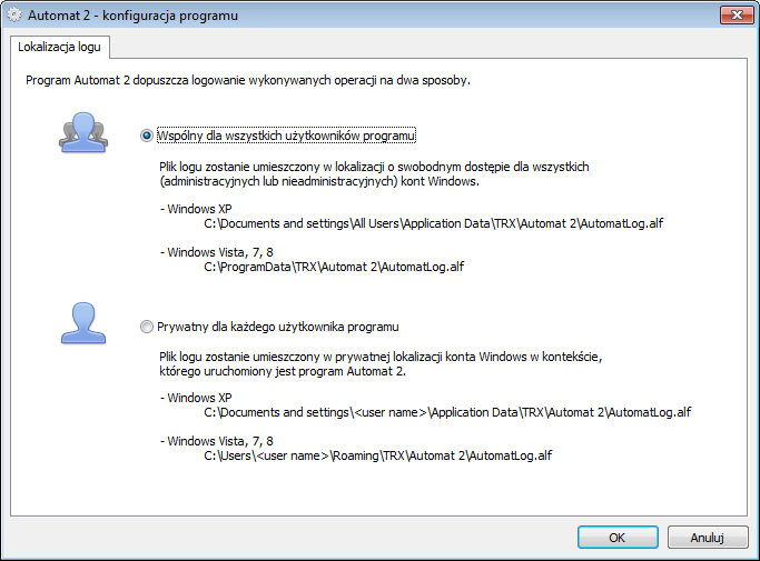 Przykładowo dla opcji wspólnego pliku i systemu Windows 7 plik logów zapisywany będzie w katalogu: C:\ProgramData\TRX\Automat 2\