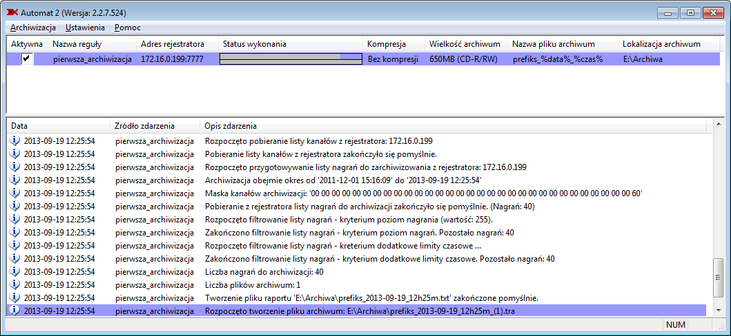 Część 3: Przykład procesu archiwizacji 3.3 Proces archiwizacji Tuż po zakończeniu konfiguracji, nowa reguła wyświetlana jest w głównym oknie programu Automat 2.