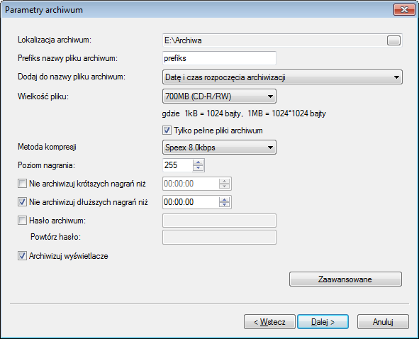 Część 4: Opis funkcji programu 4.1.2.2 Parametry archiwum Kolejny etap umożliwia określenie parametrów dla plików archiwum, oraz ewentualnych dodatkowych kryteriów dla archiwizowanych nagrań.