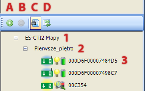 3.2. Okno aplikacji 3.2.1. Drzewo urządzeń Drzewo Urządzeń przedstawia w postaci hierarchicznej zależności w sieć ESCTI2. Wyróżnić w nim można węzły: węzeł ES-CTI2 Sieć ( 1 ).
