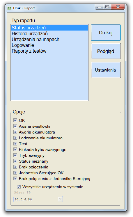 3.6. Wydruki 3.6.1 Wydruk statusów urządzeń Aby wydrukować raport zawierający informacje o statusach urządzeń należy: 1) z menu Narzędzia wybrać opcję Drukuj raport, 2) w dialogu który się ukaże