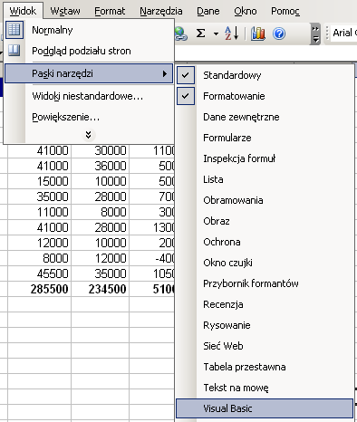 W pojawiającym się dodatkowo pasku narzędzi klikamy opcję Edytor Visual Basic.