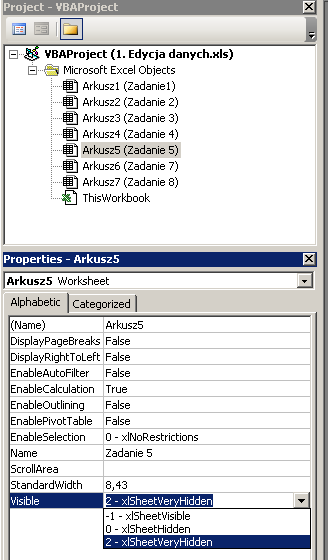 W celu odkrycia tego elementu należy ponownie wykonad podobną sekwencję poleceo, z tym, że na koocu klikamy SheetVisible. 1.7 Zadanie problemowe Otwórz plik: 1. Edycja danych.