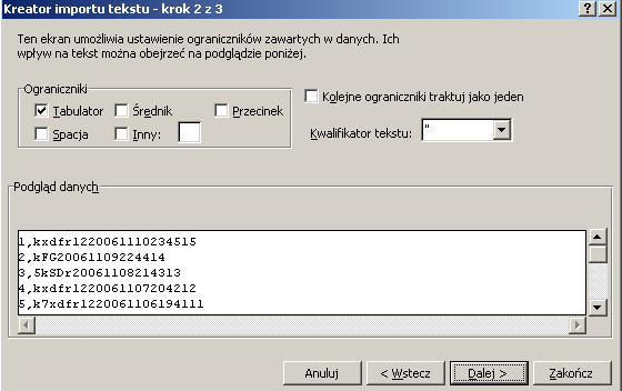 Następnie w kolejnych okienkach Kreatora importu tekstu wybieramy pozycje
