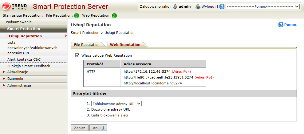 Korzystanie z serwera Smart Protection Server Procedura 1. Przejdź do menu Smart Protection > Usługi Reputation Services, a następnie do karty Usługi Web Reputation. 2.