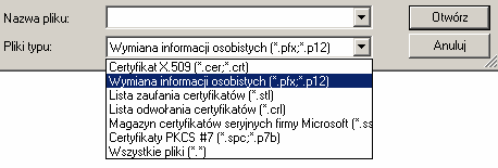 3.1. Instalacja własnego certyfikatu z pliku *.pfx Pliki z rozszerzeniem *.pfx są plikami, które zawierają kopię bezpieczeństwa naszego certyfikatu osobistego. Jeżeli posiadamy plik z rozszerzeniem *.