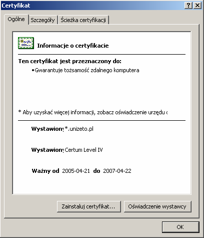 W oknie Certyfikat można zapoznać się z bardziej szczegółowymi informacjami dotyczącymi certyfikatu. W tym celu należy wybrać zakładkę Szczegóły.