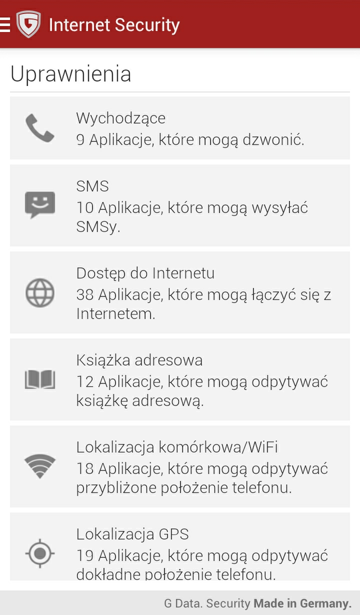 7 3.5 G Data Internet Security for Android Uprawnienia Widok uprawnienia wyświetla podsumowanie uprawnień nadanych zainstalowanym aplikacjom.