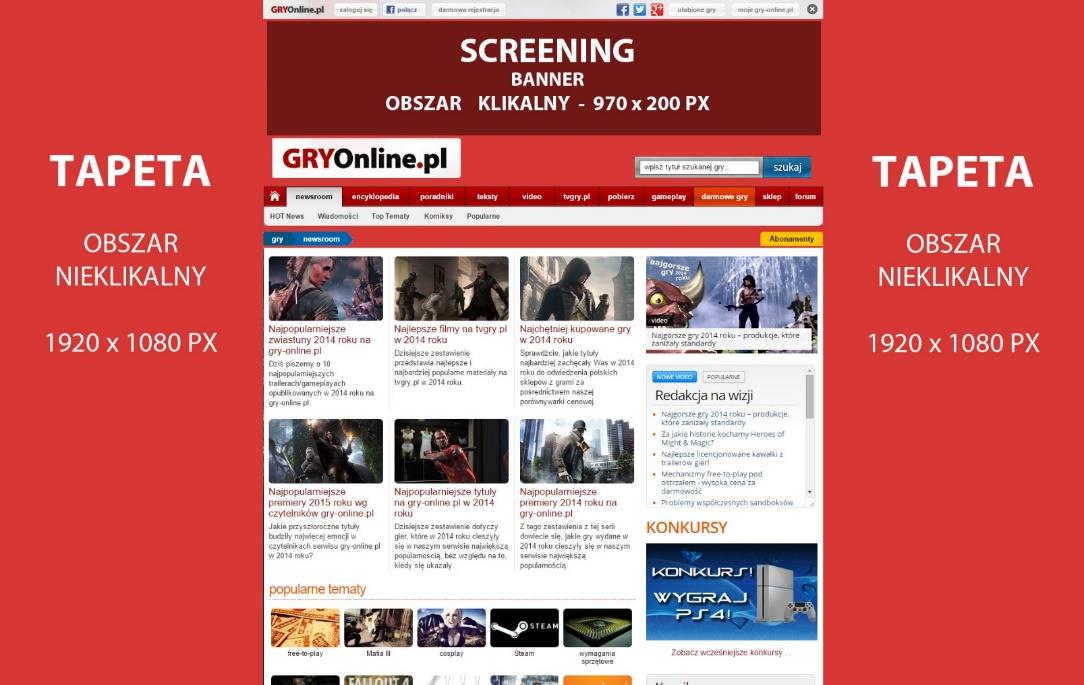 Screening GRY-Online.pl (Sekcje) Połączenie klikalnego banneru wraz z nieklikalną stałą tapetą, które tworzą razem zwartą kompozycję.