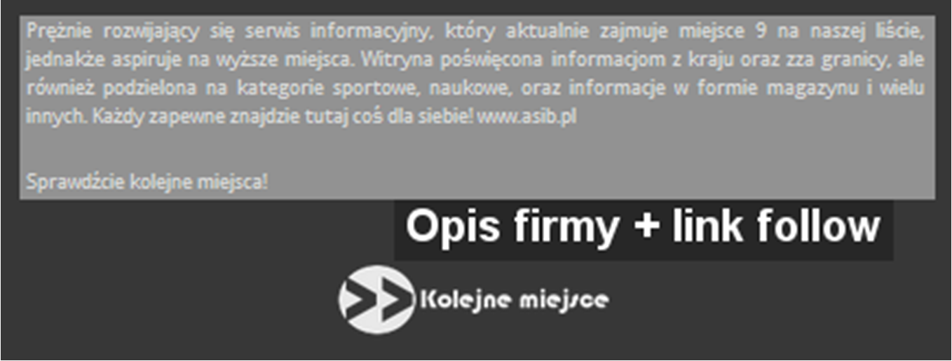 Stanowi typ reklamy, podczas której firma zleca Nam wykonanie rankingu w formie obowiązującej w serwisie 10naj, gdzie jedno z miejsc w całości dedykowane jest firmie.