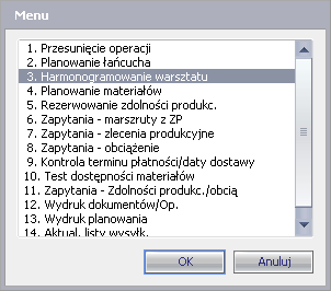 W polu 1 (Rysunek) należy wybrać stanowisko pracy, dla którego układany będzie plan, następnie poprzez wpisywanie w polach 2 kolejności zleceń produkcyjnych należy ułożyć plan dla stanowiska pracy.