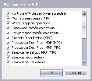 Rysunek Ścieżka do opcji definiowania magazynów. Wybrać magazyn, dla którego włączana będzie kontrola ATP, a następnie przejść klawiszem PageDown do ekranu definiowania ATP pokazanego na rysunku.
