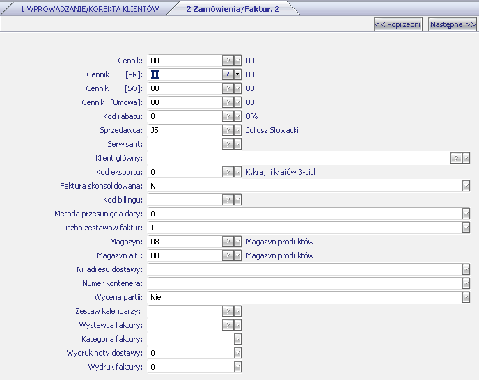 Parametry te pokazano na rysunku 15, są to następujące pola: Cennik- wskazuje jakie ceny, z którego cennika są pobierane dla danego klienta, Sprzedawca- jest to domyślny sprzedawca zajmujący się