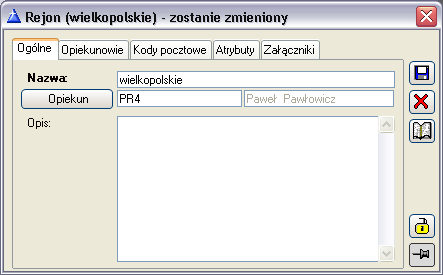Rys. 2.20 Rejon. W oknie Rejon na zakładce Ogólne należy podać nazwę rejonu a także można przypisać opiekuna głównego z listy pracowników.